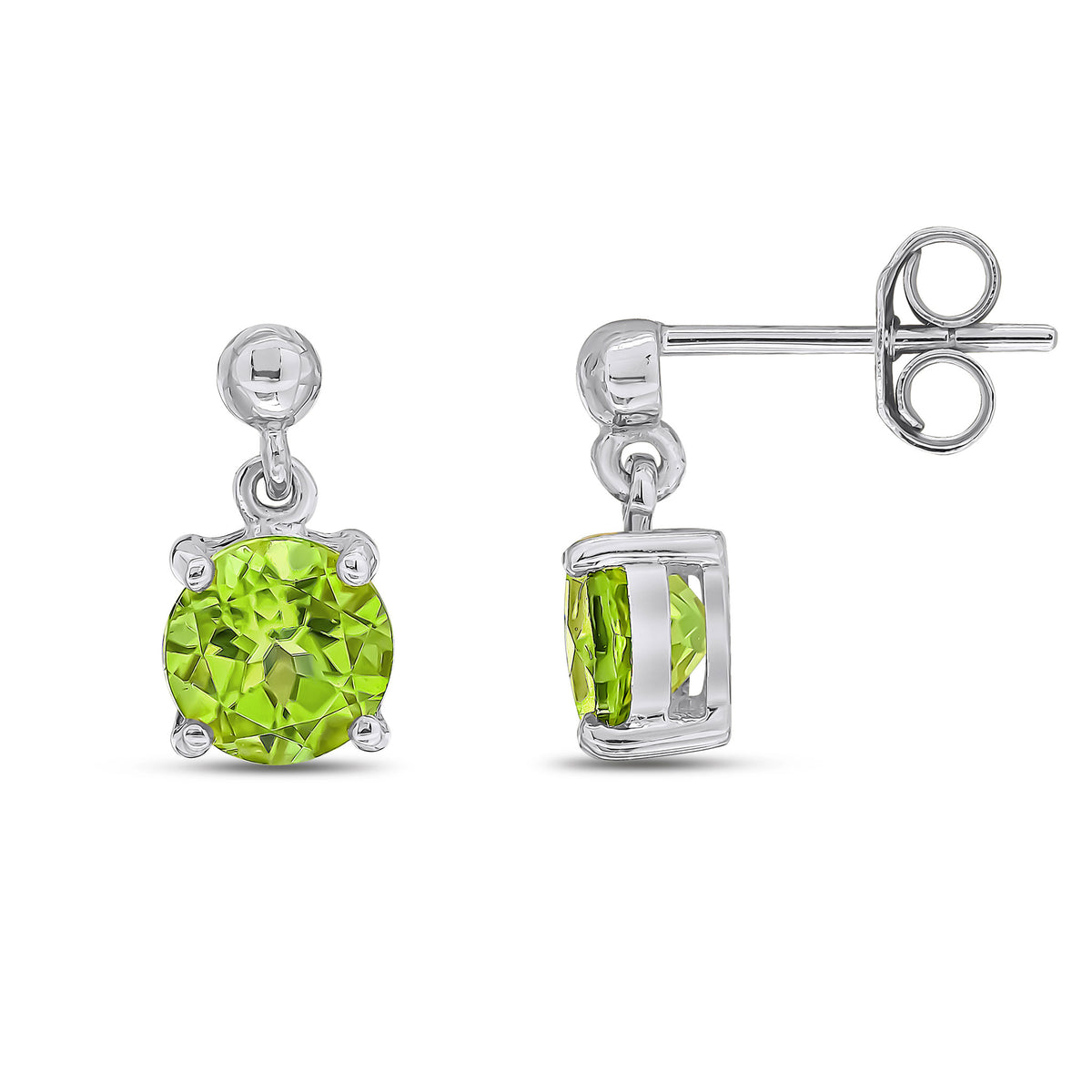 9CT WG 6MM ROUND PERIDOT CLAW SET DROP EARRINGS WITH BEAD TOP