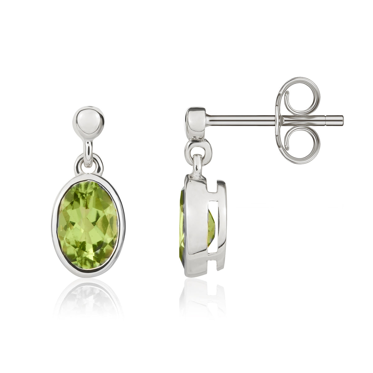 9CT WG 7X5MM OVAL PERIDOT RUBOVER DROP EARRINGS WITH BEAD TOP
