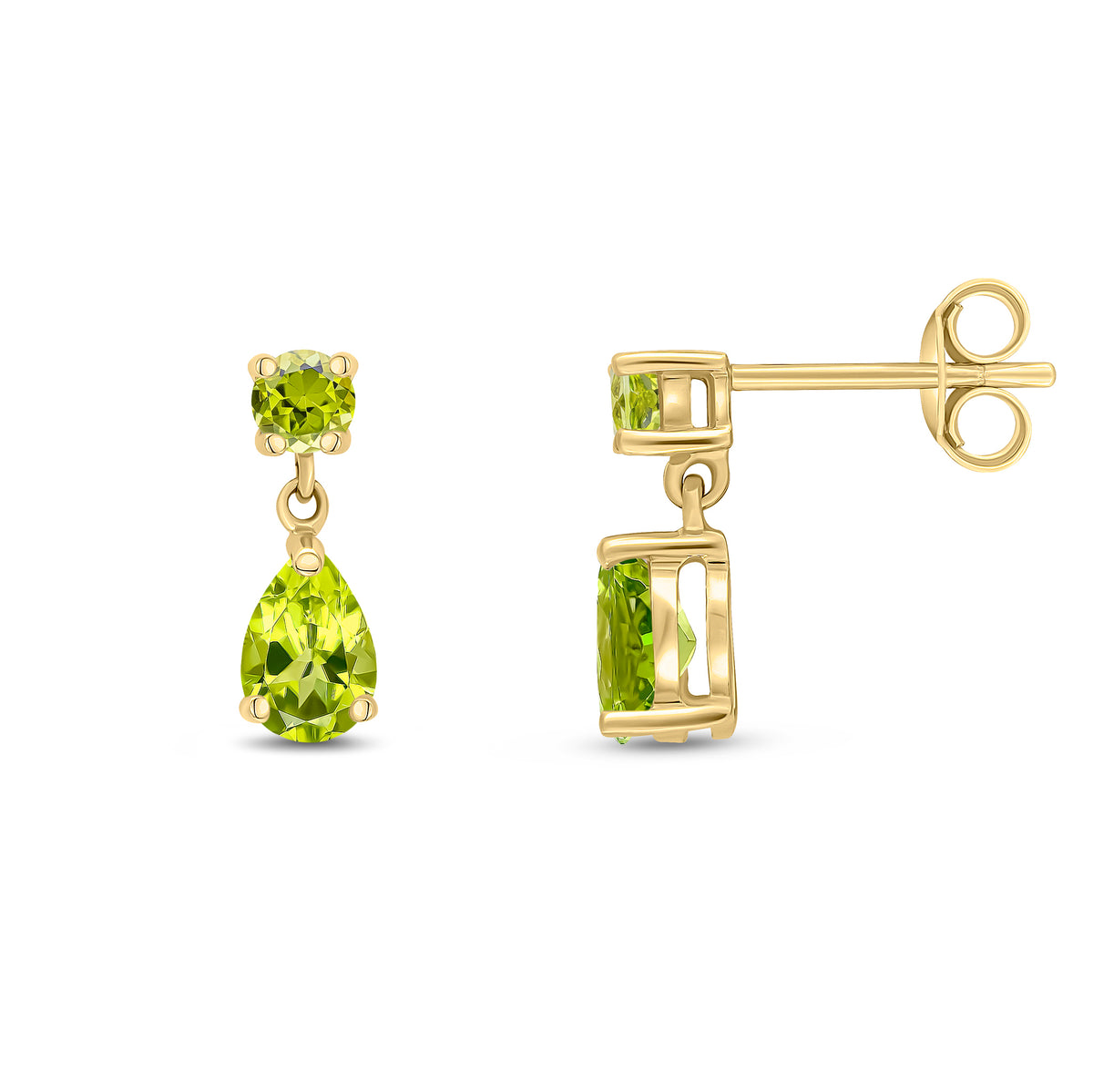 9CT YG ROUND AND PEARSHAPE PERIDOT 2ST CLAW SET DROP EARRINGS