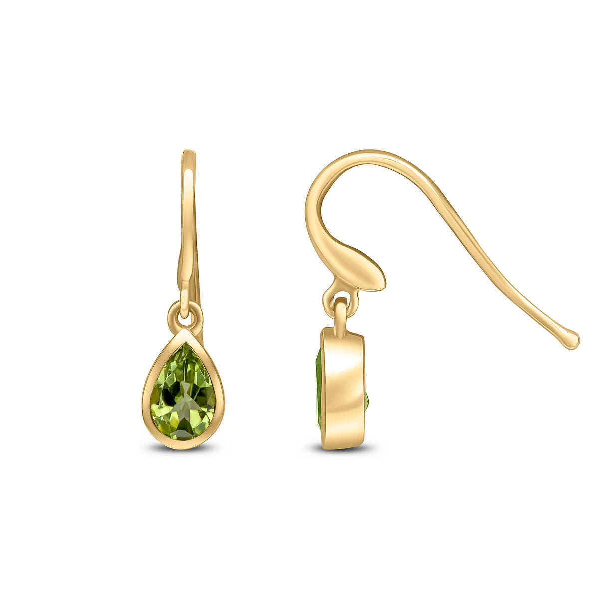 9CT YG 6X4 PEARSHAPE PERIDOT RUBOVER DROP EARRINGS. HOOK WIRE FITTING