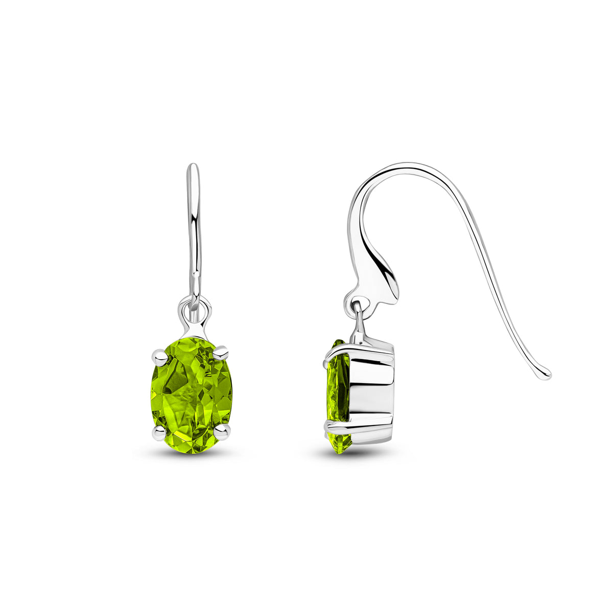 9CT WG 7X5 OVAL PERIDOT CLAW SET DROP EARRINGS WITH HOOK WIRE FITTING