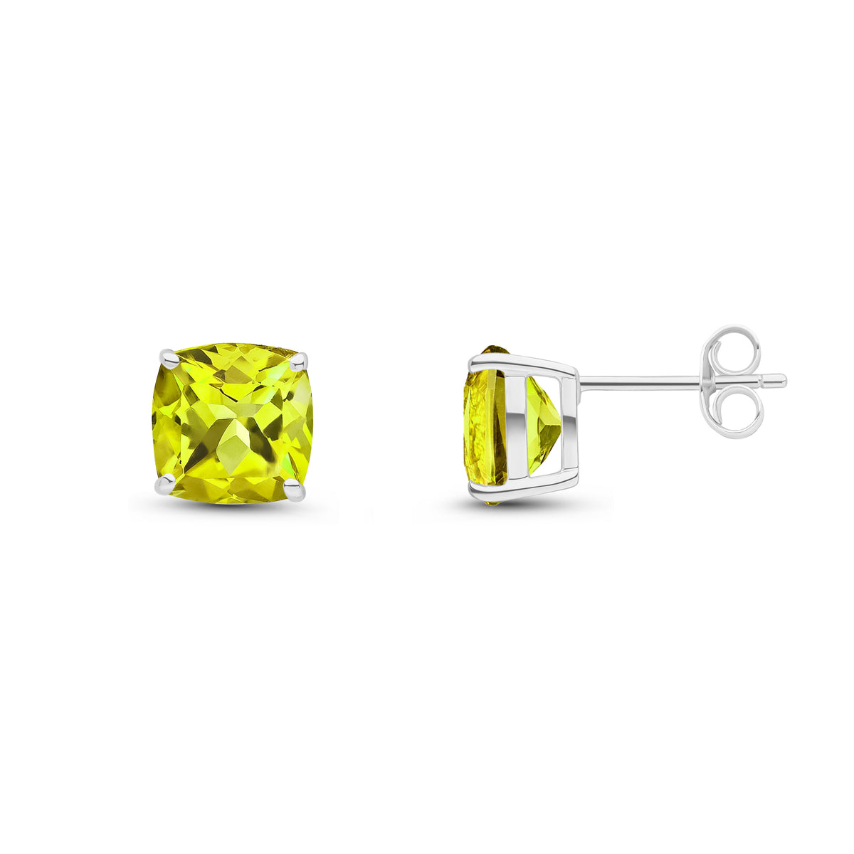 9CT WG 8MM CUSHION PERIDOT CLAW SET EARRINGS