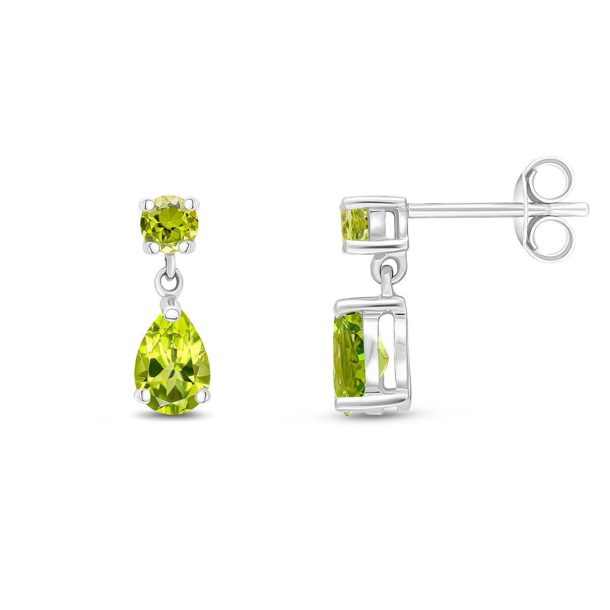 9CT WG ROUND AND PEARSHAPE PERIDOT 2ST CLAW SET DROP EARRINGS