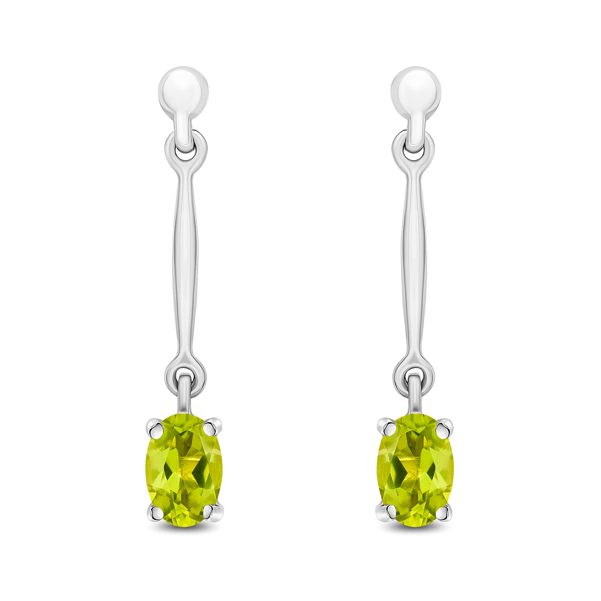 9CT WG CLAW SET 6X4MM OVAL PERIDOT AND BAR DROP EARRINGS