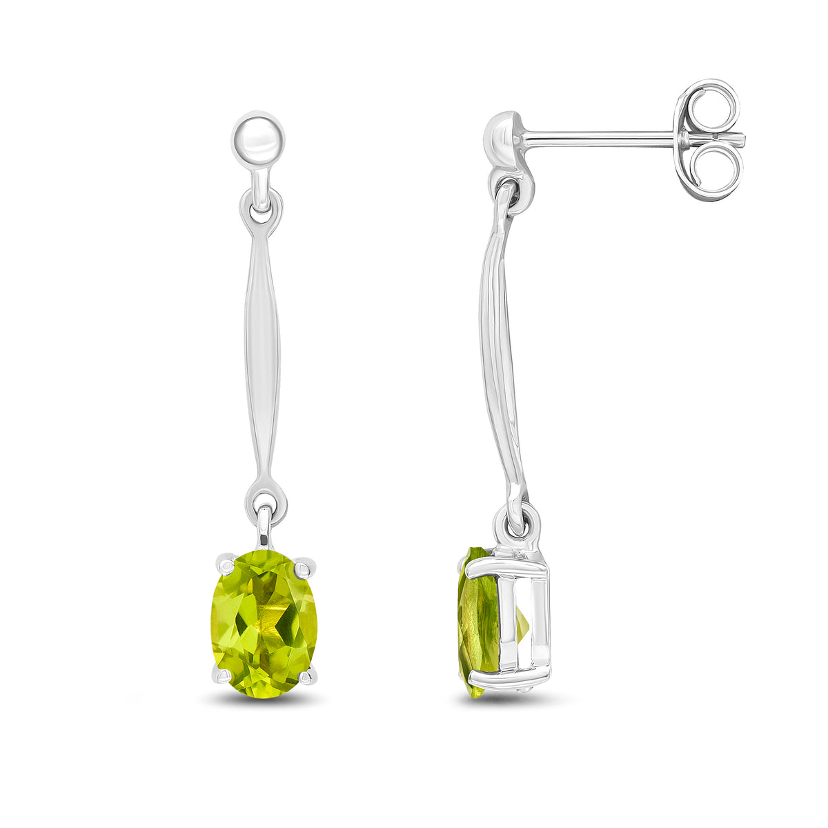 9CT WG 7X5MM OVAL PERIDOT AND BAR DROP EARRINGS WITH BEAD TOP