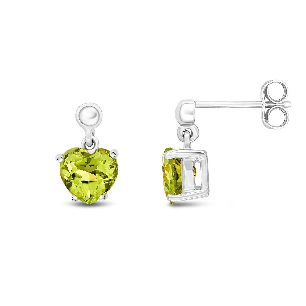 9CT WG 6MM HEART-SHAPE PERIDOT CLAW SET DROP EARRINGS WITH 3MM BEAD TOP