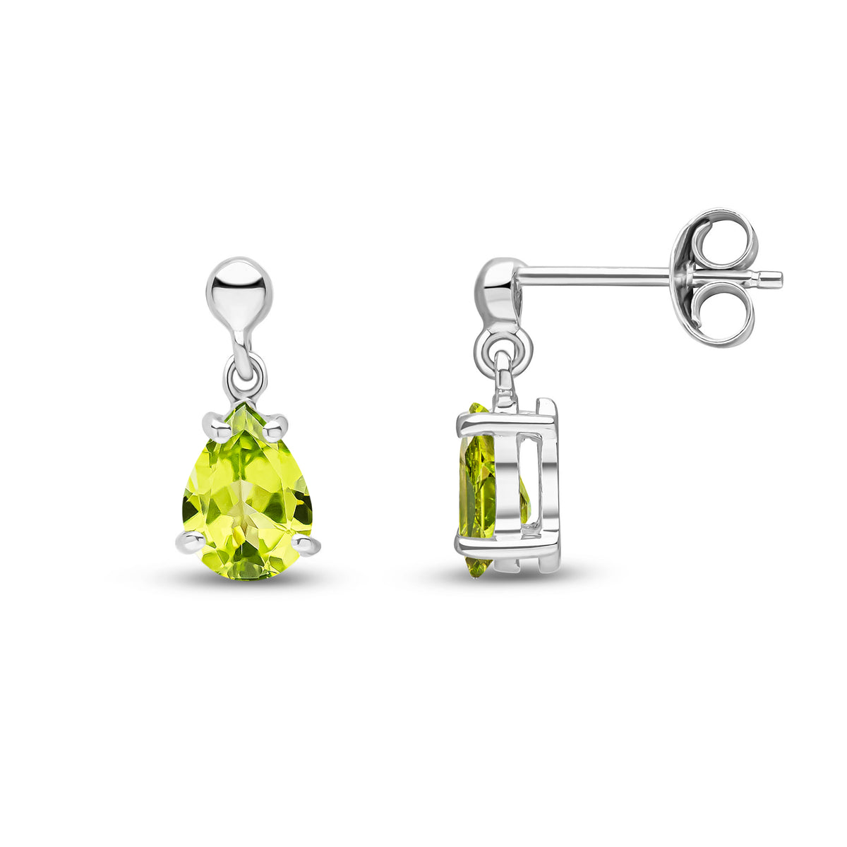 9CT WG 7X5 PEARSHAPE PERIDOT CLAW SET DROP EARRINGS WITH BEAD TOP
