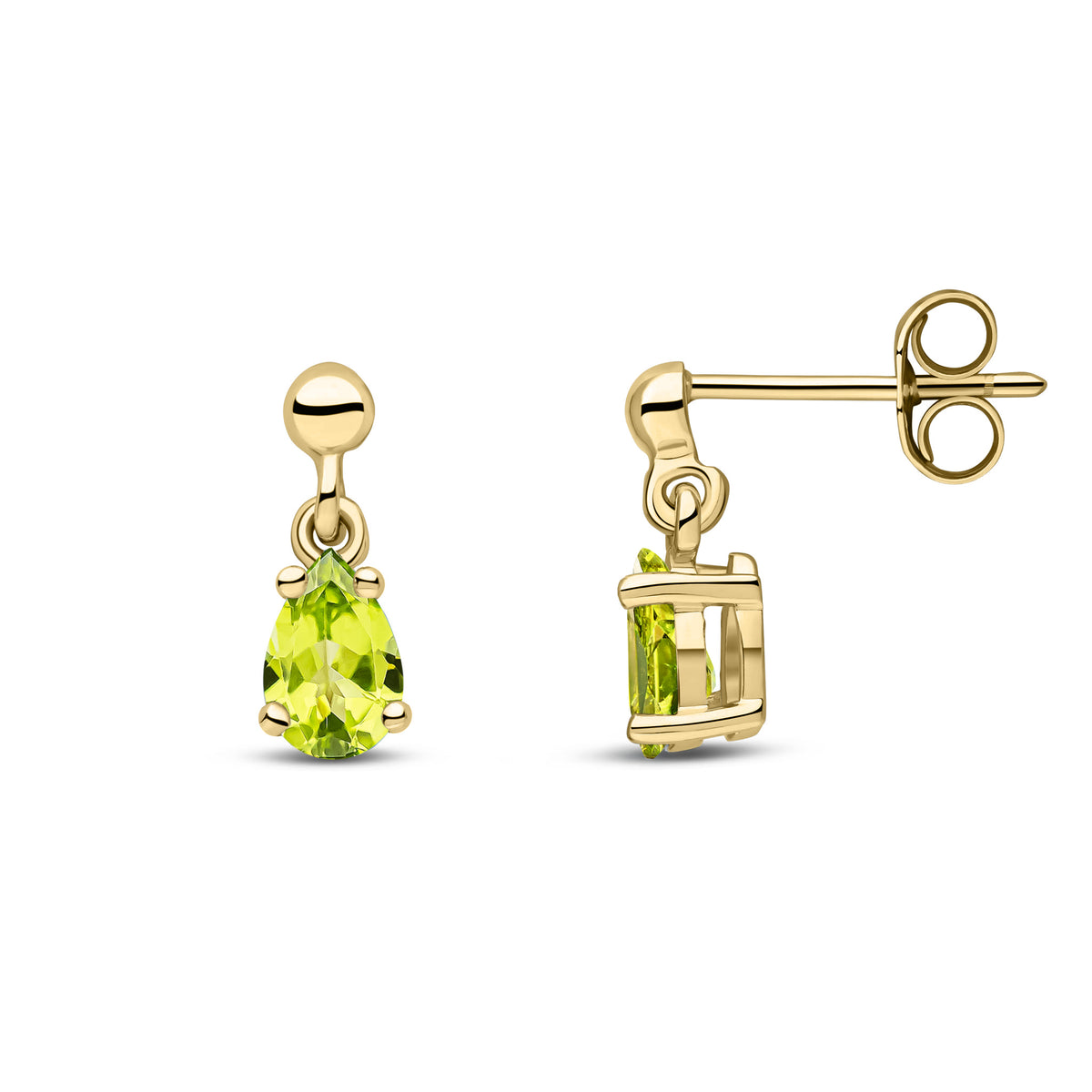 9CT YG 6X4 PEARSHAPE PERIDOT CLAW SET DROP EARRINGS WITH BEAD STUD TOP