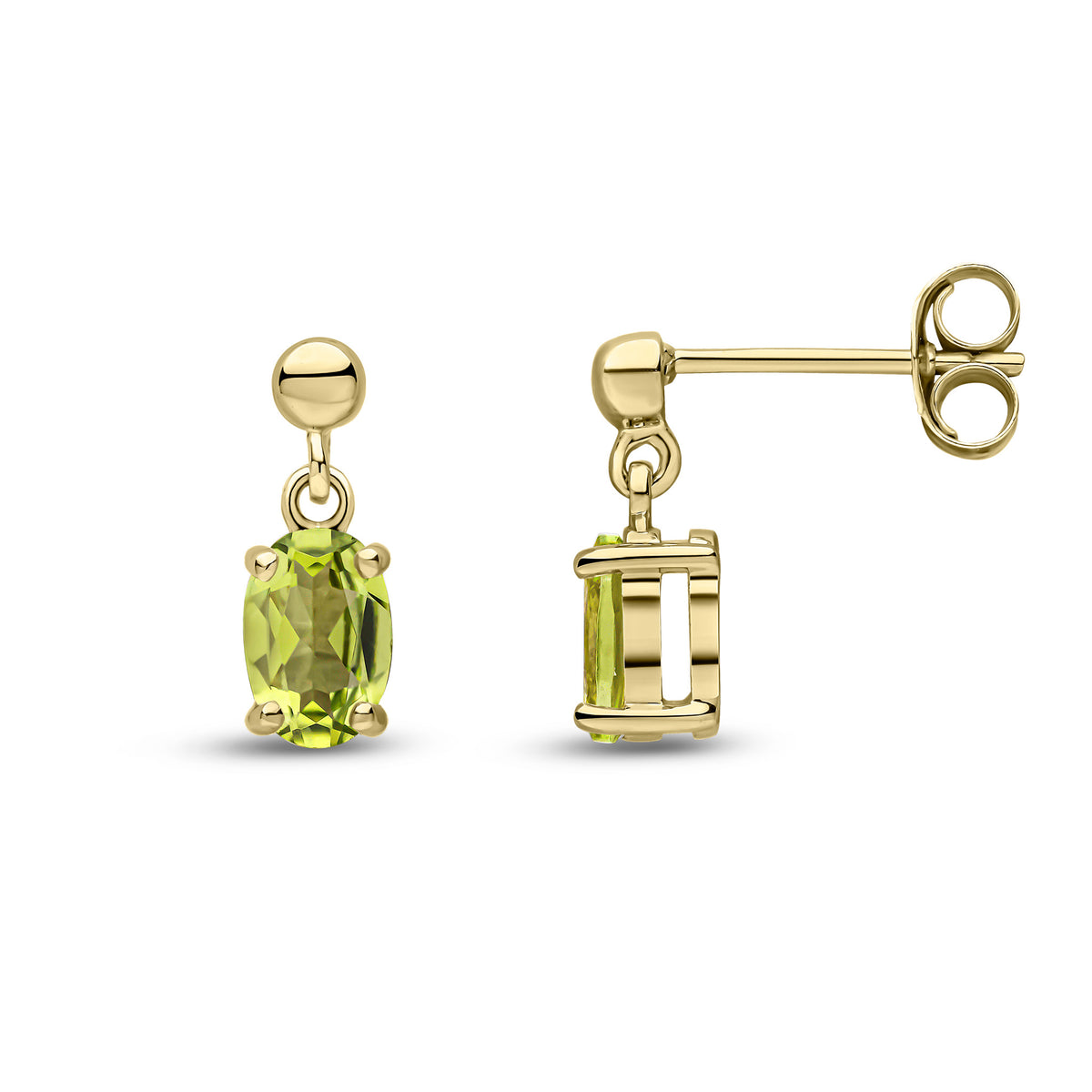 9CT YG 6X4 OVAL PERIDOT CLAW SET DROP EARRINGS WITH BEAD TOP
