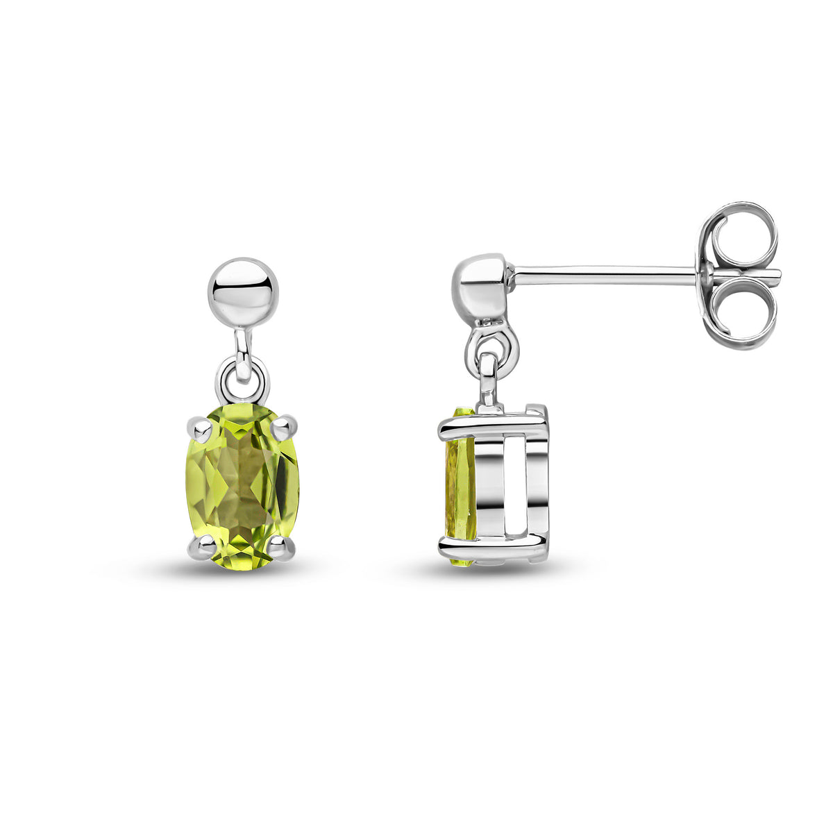 9CT WG 6X4 OVAL PERIDOT CLAW SET DROP EARRINGS WITH BEAD TOP