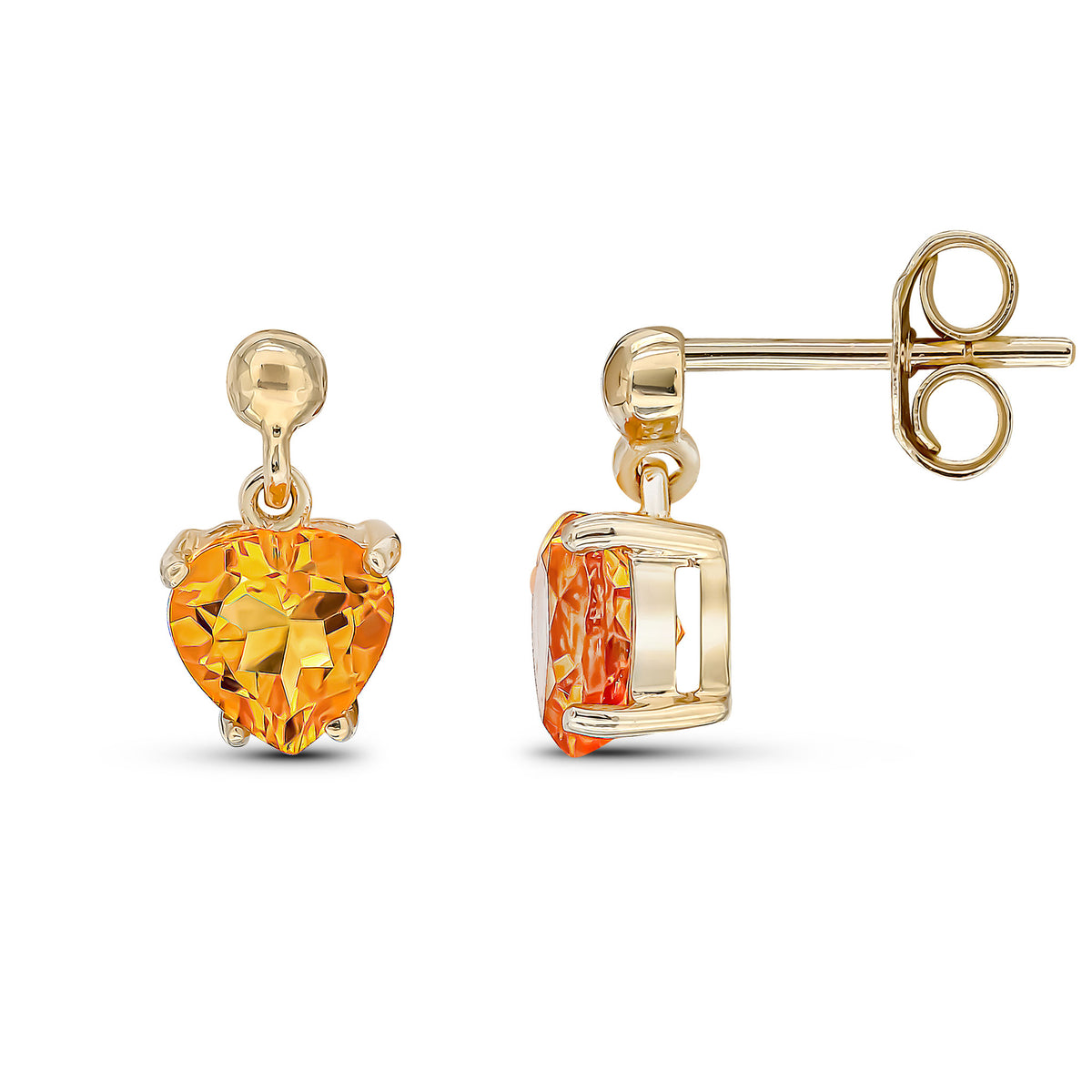 9CT YG 6MM HEART-SHAPE CITRINE CLAW SET DROP EARRINGS WITH 3MM BEAD TOP