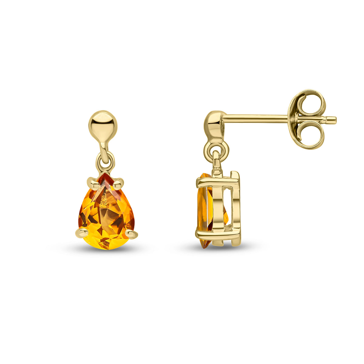 9CT YG 7X5 PEARSHAPE CITRINE CLAW SET DROP EARRINGS WITH BEAD TOP