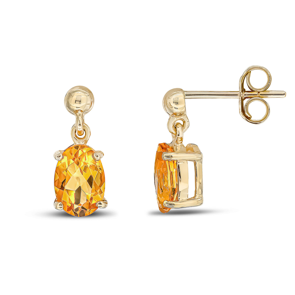9CT YG OVAL 7X5MM CITRINE CLAW DROP EARRINGS WITH BEAD TOP