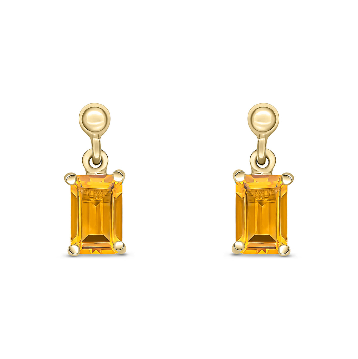 9CT YG 6X4 OCTAGON CITRINE CLAW SET DROP EARRINGS WITH BEAD TOP