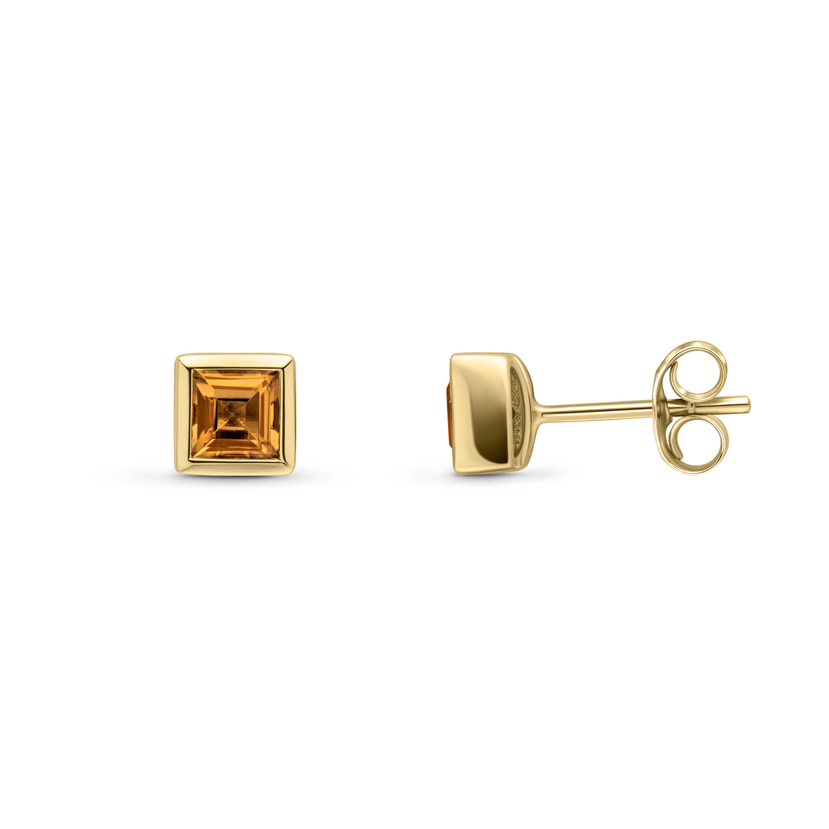 9CT YG 4MM SQUARE CITRINE RUBOVER SET EARRINGS