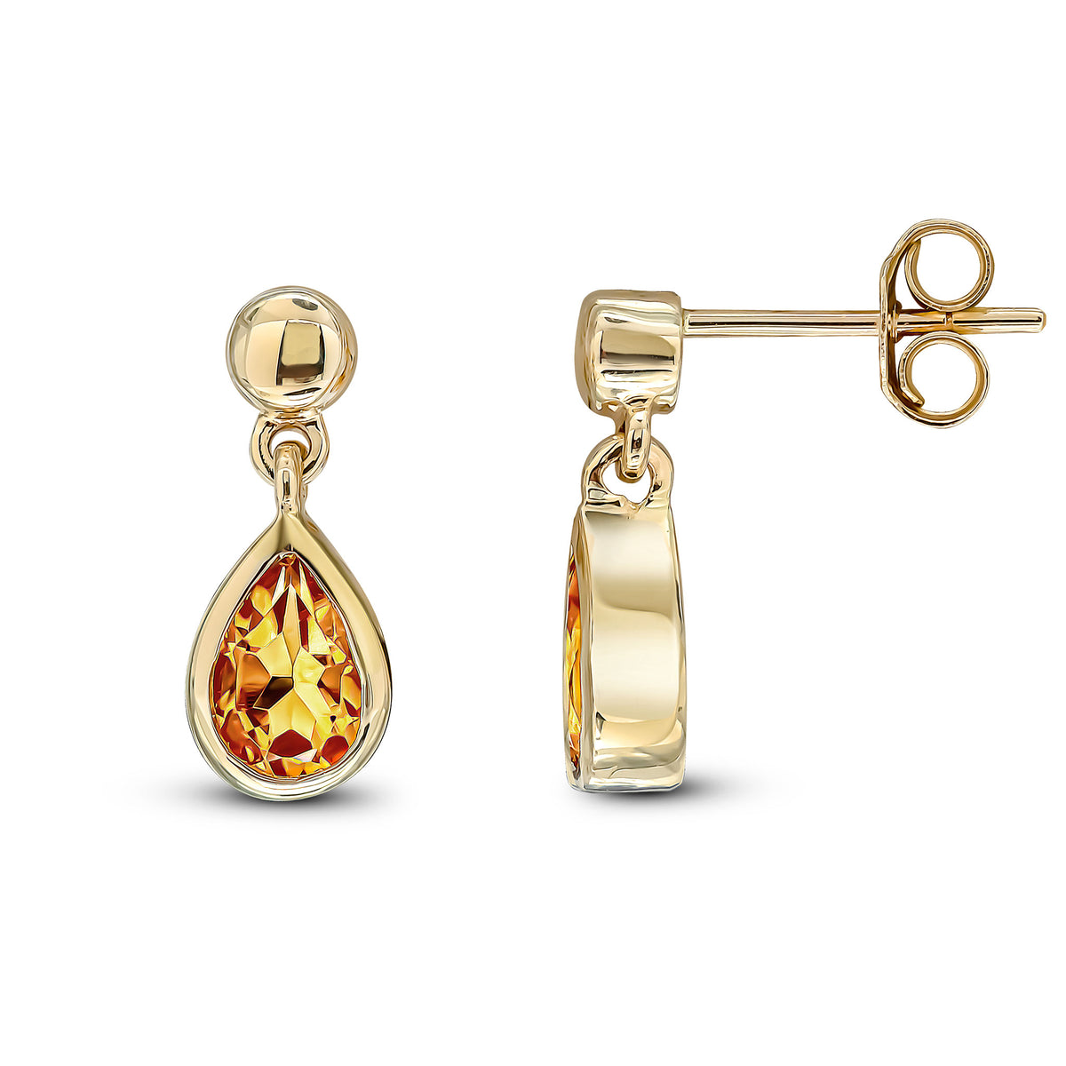 9CT YG 6X4MM PEARSHAPE CITRINE RUBOVER DROP EARRINGS WITH 3MM BEAD TOP