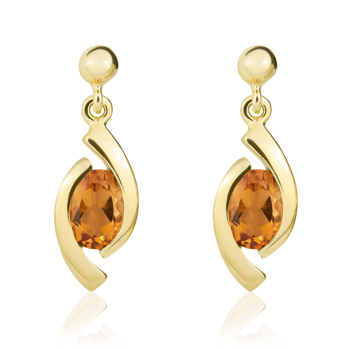 9CT YG OVAL CITRINE 'EYE' DROP EARRINGS WITH 3MM BEAD TOP