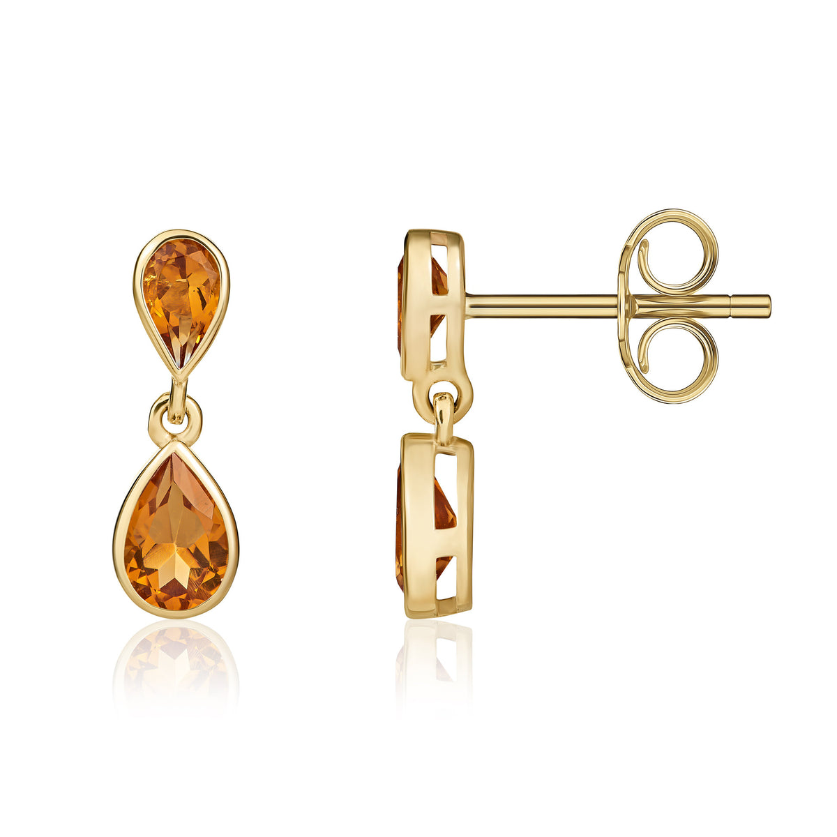 9CT YG PEARSHAPE CITRINE RUBOVER 2ST DROP EARRINGS