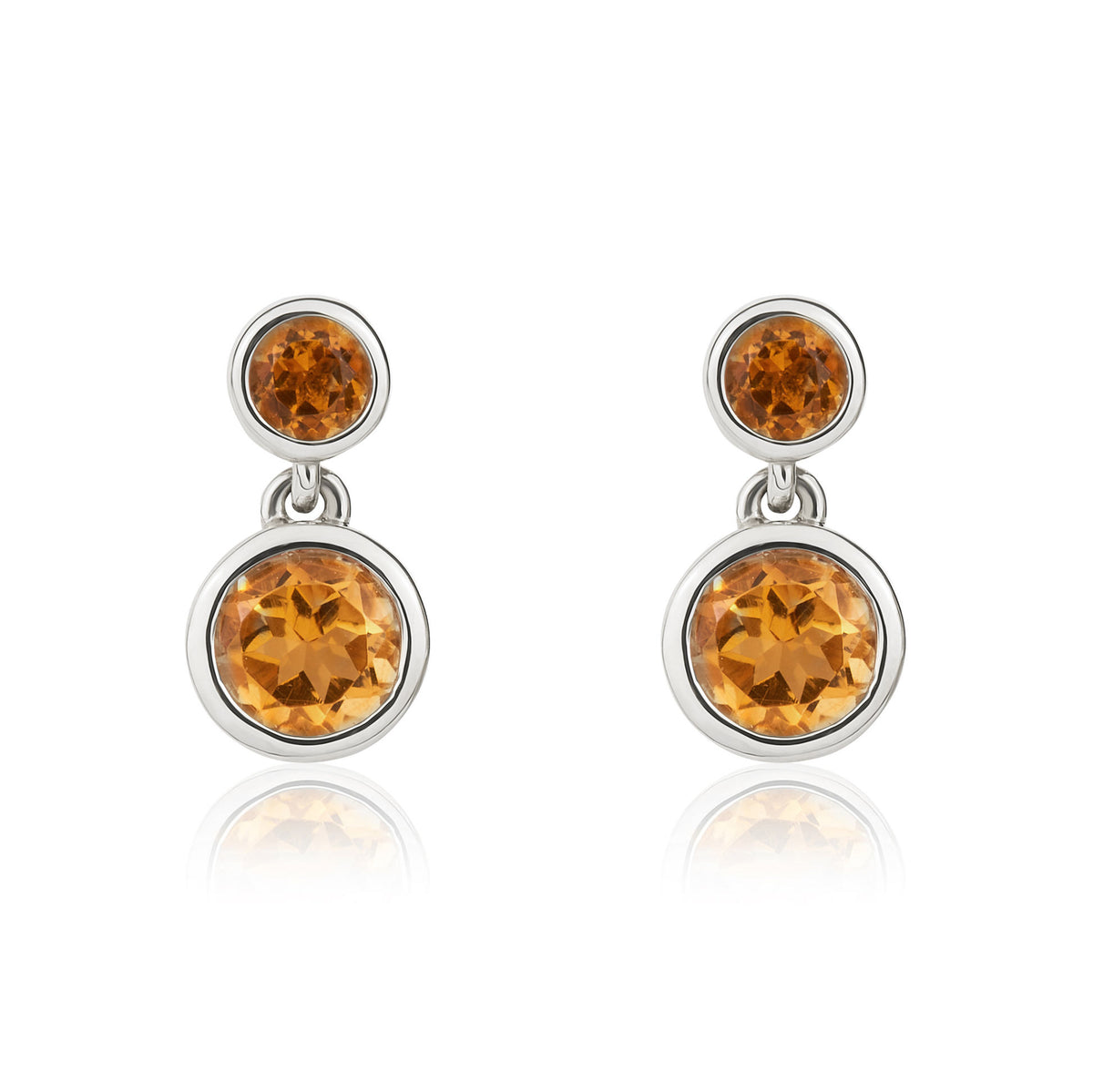 9CT WHITE GOLD ROUND CITRINE RUBOVER 2ST DROP EARRINGS