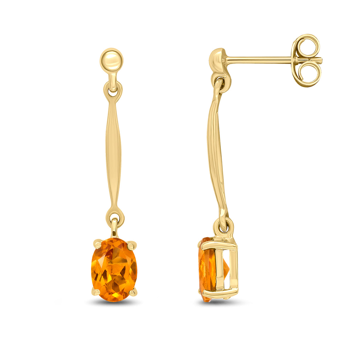 9CT YG 7X5MM OVAL CITRINE AND BAR DROP EARRINGS WITH BEAD TOP
