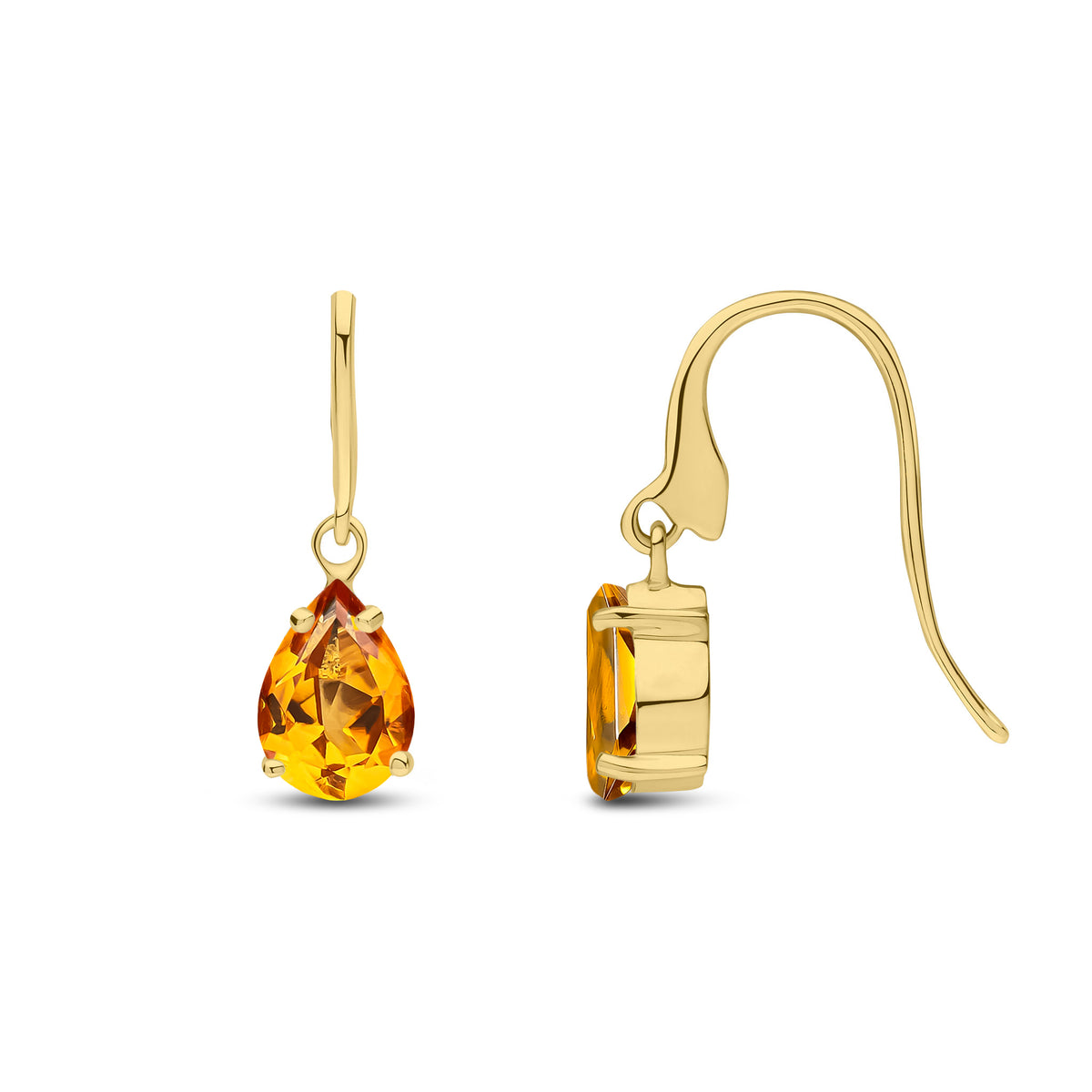 9CT YG 7X5MM PEARSHAPE CITRINE CLAW WIRE HOOK DROP EARRINGS