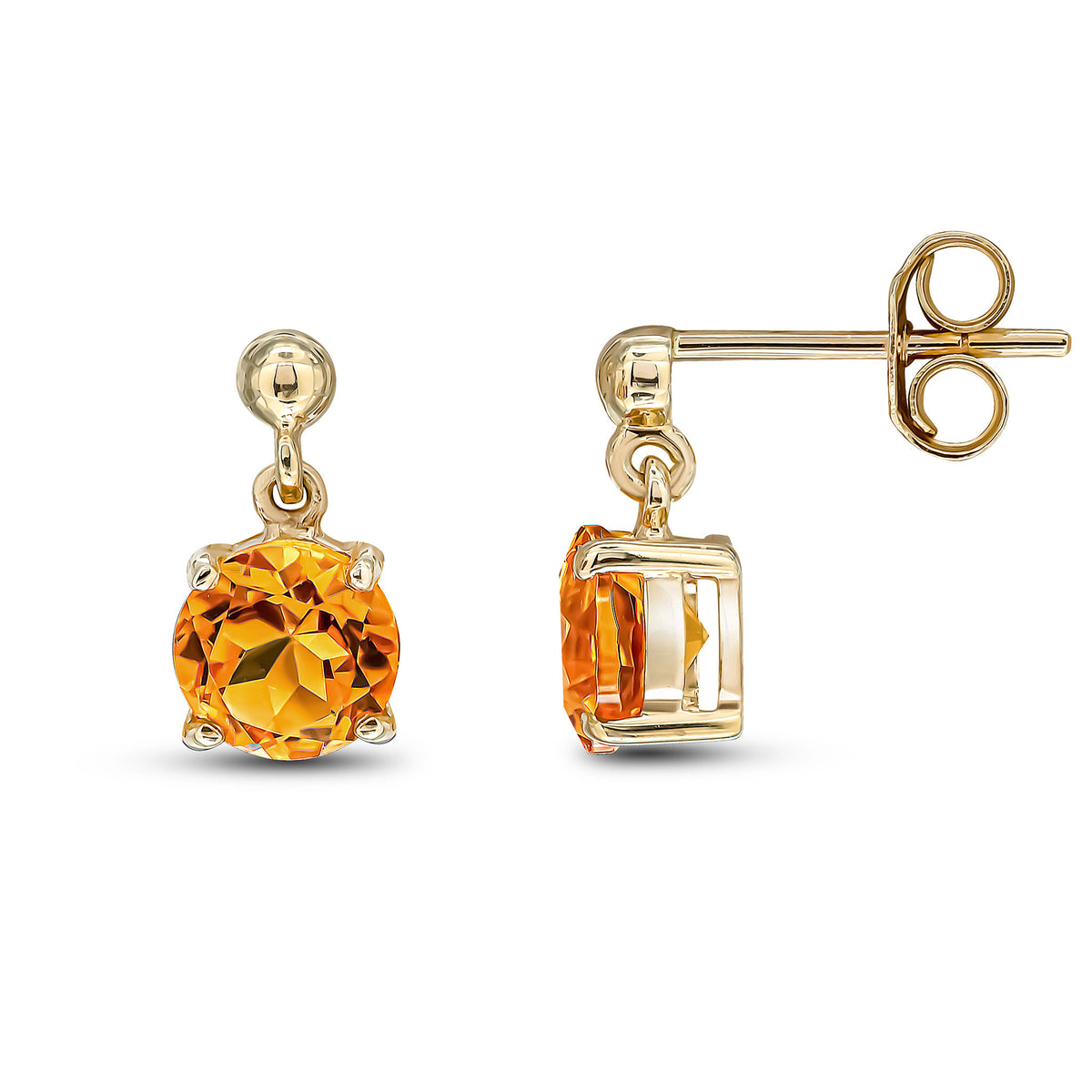 9CT YG 6MM ROUND CITRINE CLAW SET DROP EARRINGS WITH BEAD TOP