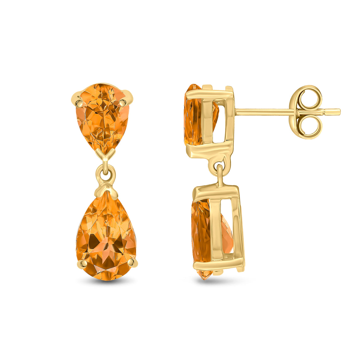 9CT YG PEARSHAPE CITRINE 2ST CLAW SET DROP EARRINGS
