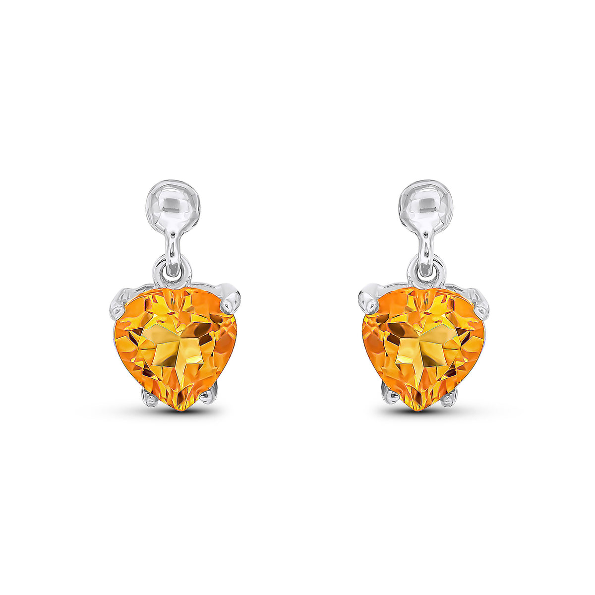 9CT WG 6MM HEART-SHAPE CITRINE CLAW SET DROP EARRINGS WITH 3MM BEAD TOP