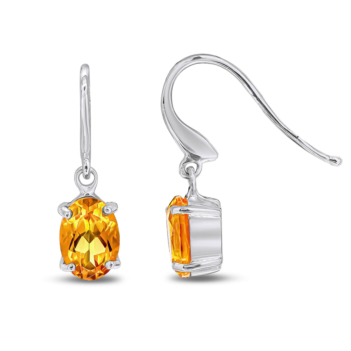9CT WG 7X5 OVAL CITRINE CLAW SET DROP EARRINGS WITH HOOK WIRE FITTING