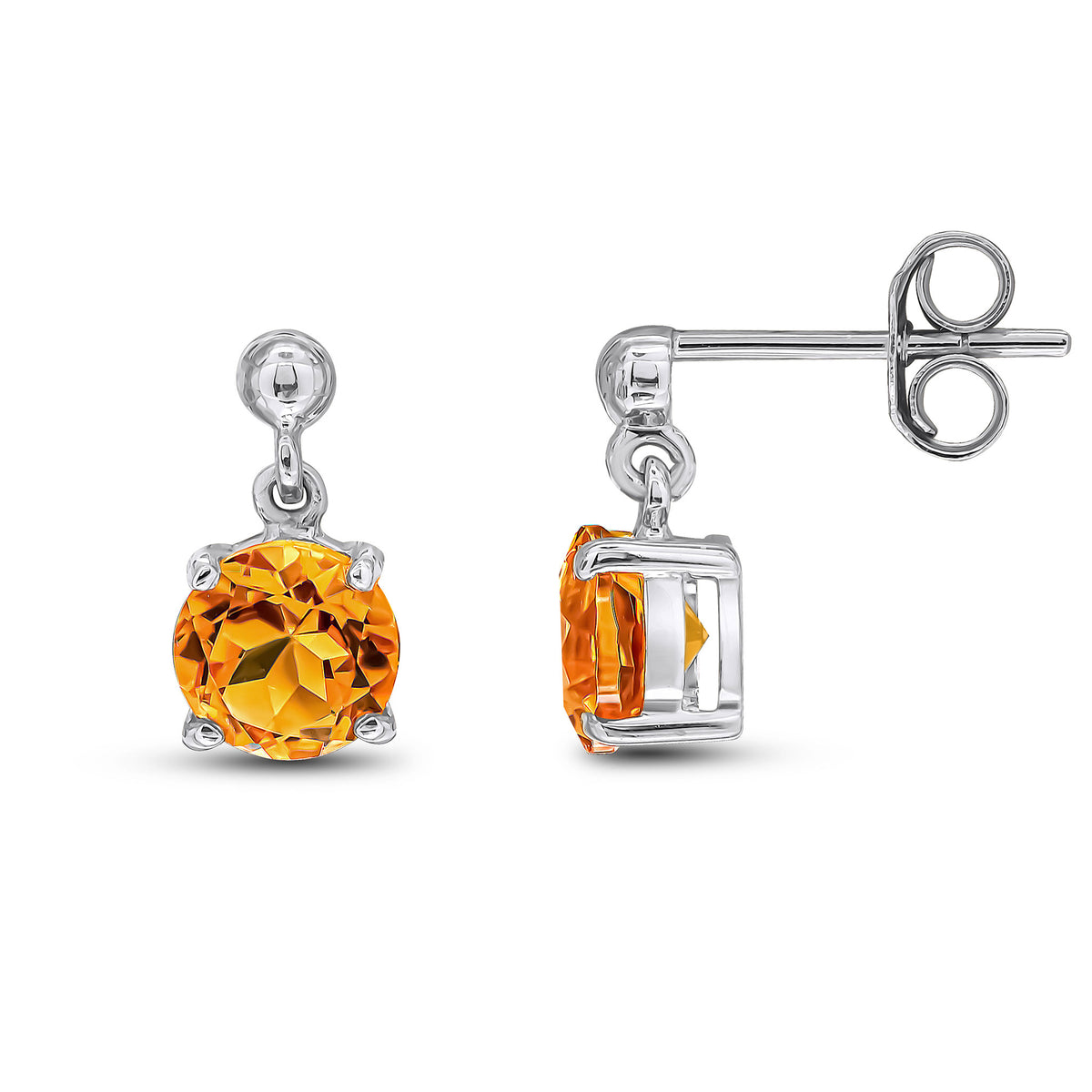 9CT WG 6MM ROUND CITRINE CLAW SET DROP EARRINGS WITH BEAD TOP