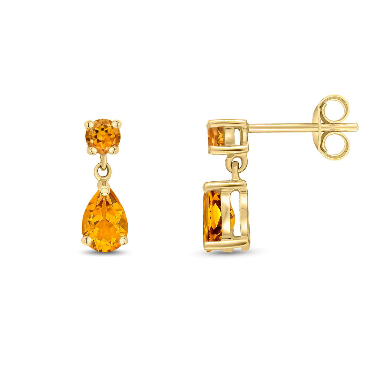 9CT YG ROUND AND PEARSHAPE CITRINE 2ST CLAW SET DROP EARRINGS
