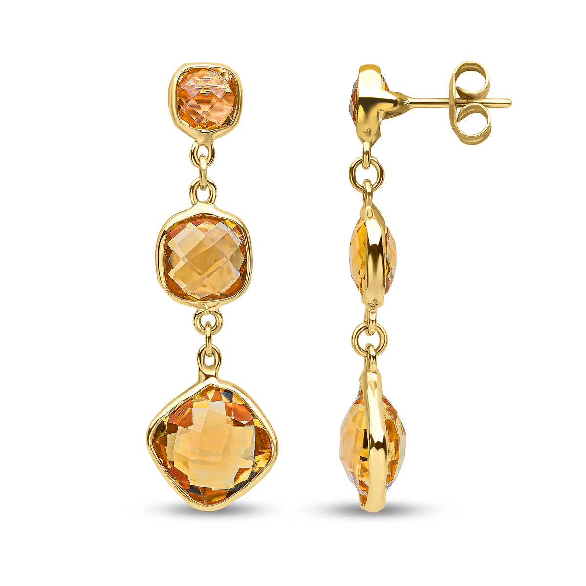 9CT YG CHECKERBOARD CUSHION CITRINE 3ST DROP EARRINGS