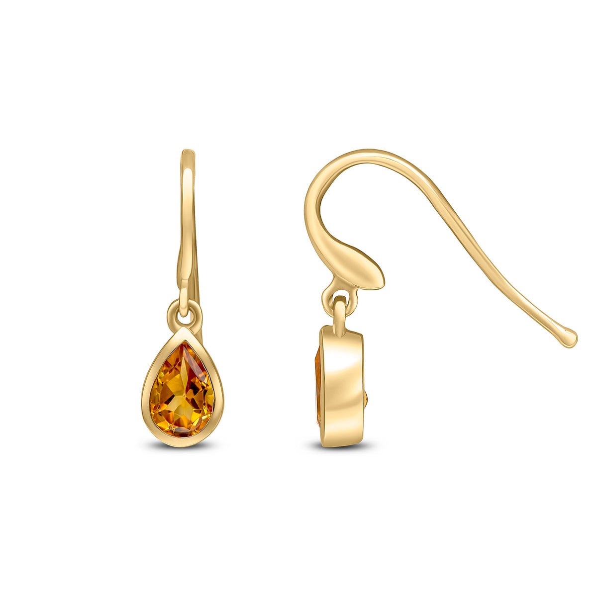 9CT YG 6X4 PEARSHAPE CITRINE RUBOVER DROP EARRINGS. HOOK WIRE FITTING