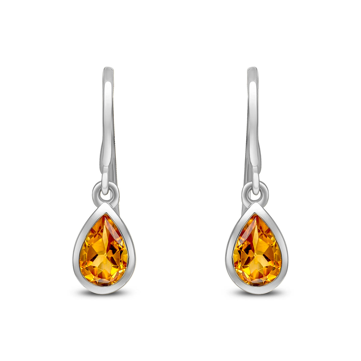 9CT WG 6X4 PEARSHAPE CITRINE RUBOVER DROP EARRINGS. HOOK WIRE FITTING