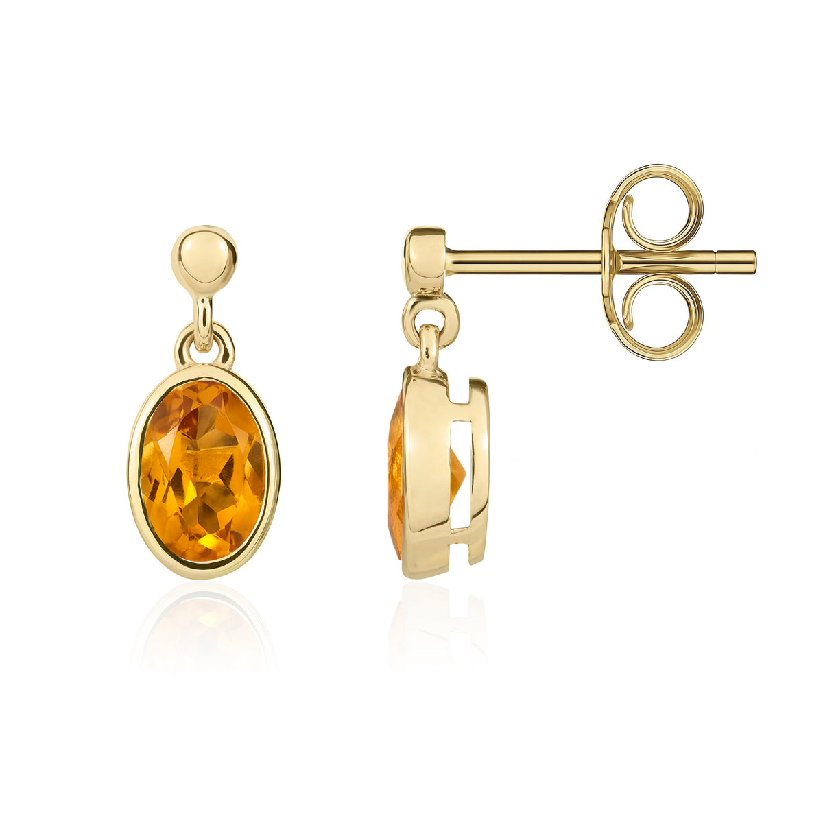 9CT YG 6X4MM OVAL CITRINE RUBOVER DROP EARRINGS WITH 2.5MM BEAD TOP