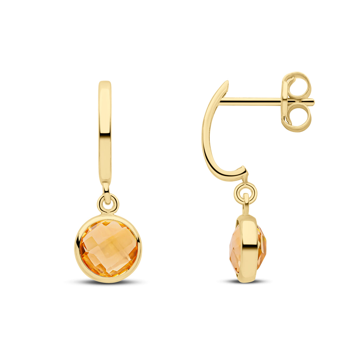 9CT YG CURVED BAR TOP WITH CHECKERBOARD CUT ROUND CITRINE SPEC SET DROP EARRING