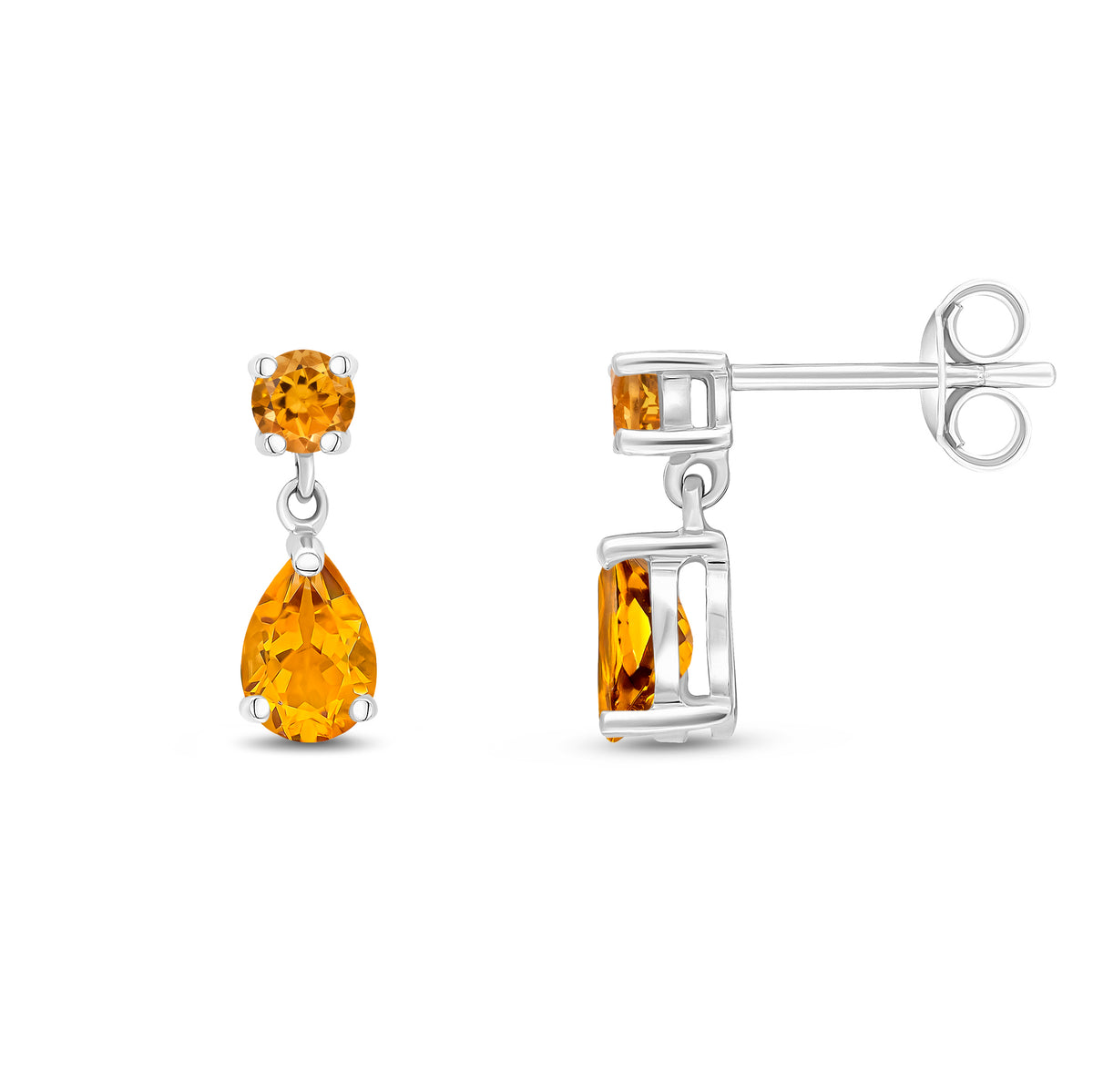 9CT WG ROUND AND PEARSHAPE CITRINE 2ST CLAW SET DROP EARRINGS