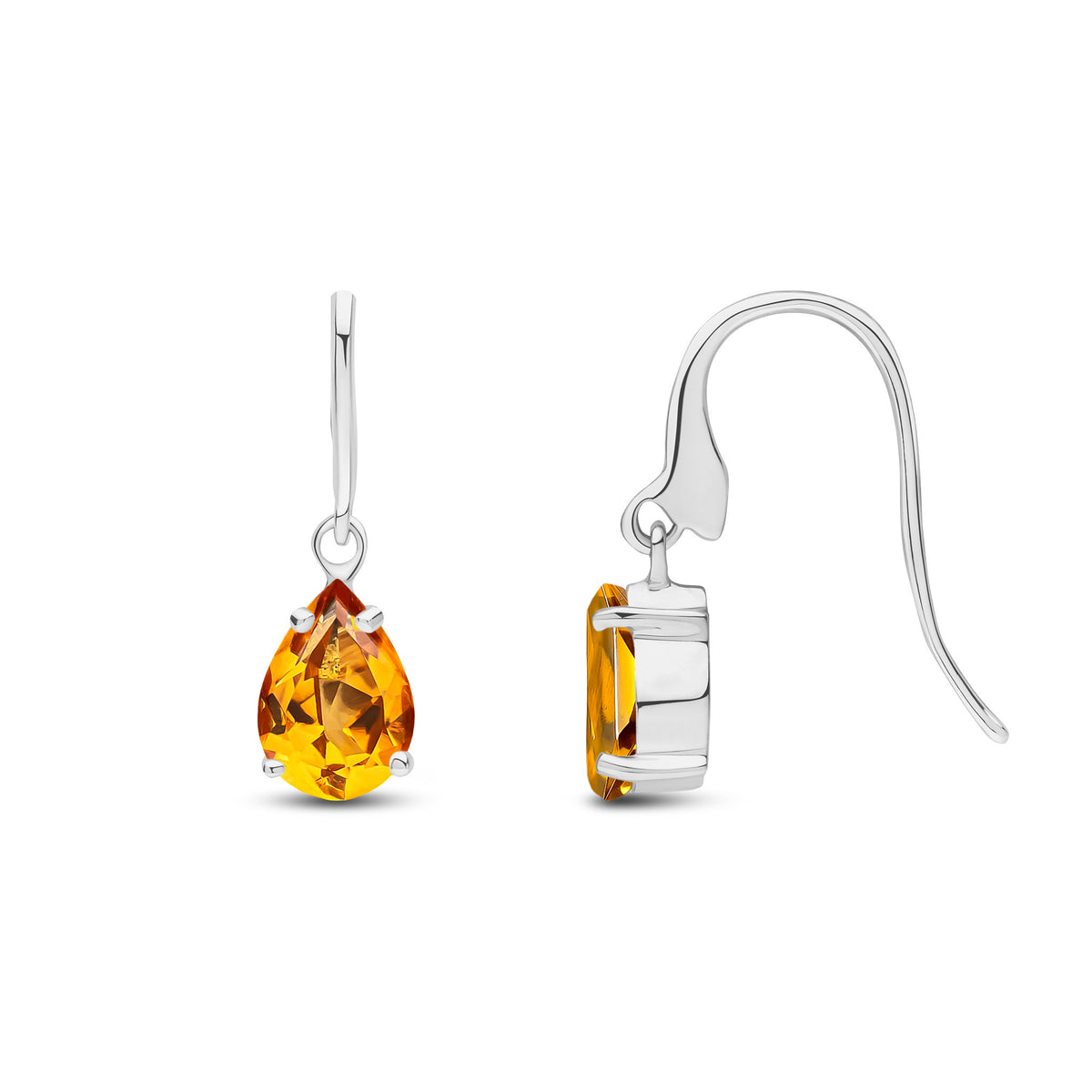 9CT WG 7X5MM PEARSHAPE CITRINE CLAW WIRE HOOK DROP EARRINGS