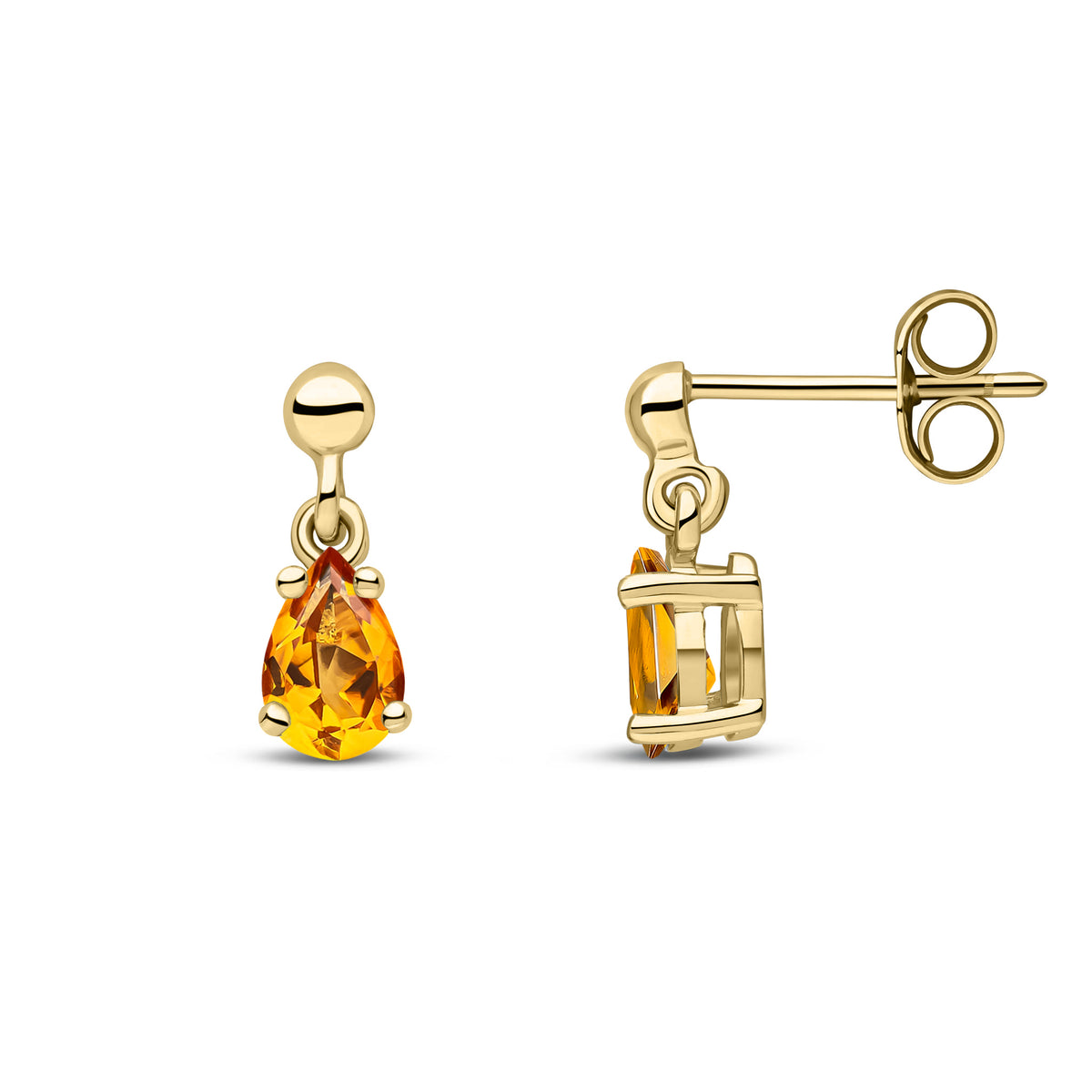 9CT YG 6X4 PEARSHAPE CITRINE CLAW SET DROP EARRINGS WITH BEAD STUD TOP