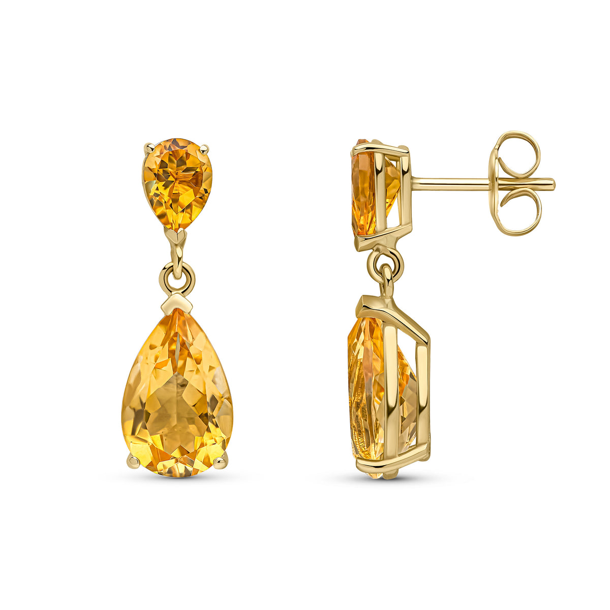 9CT YG PEARSHAPE CITRINE CLAW SET 2ST DROP EARRINGS