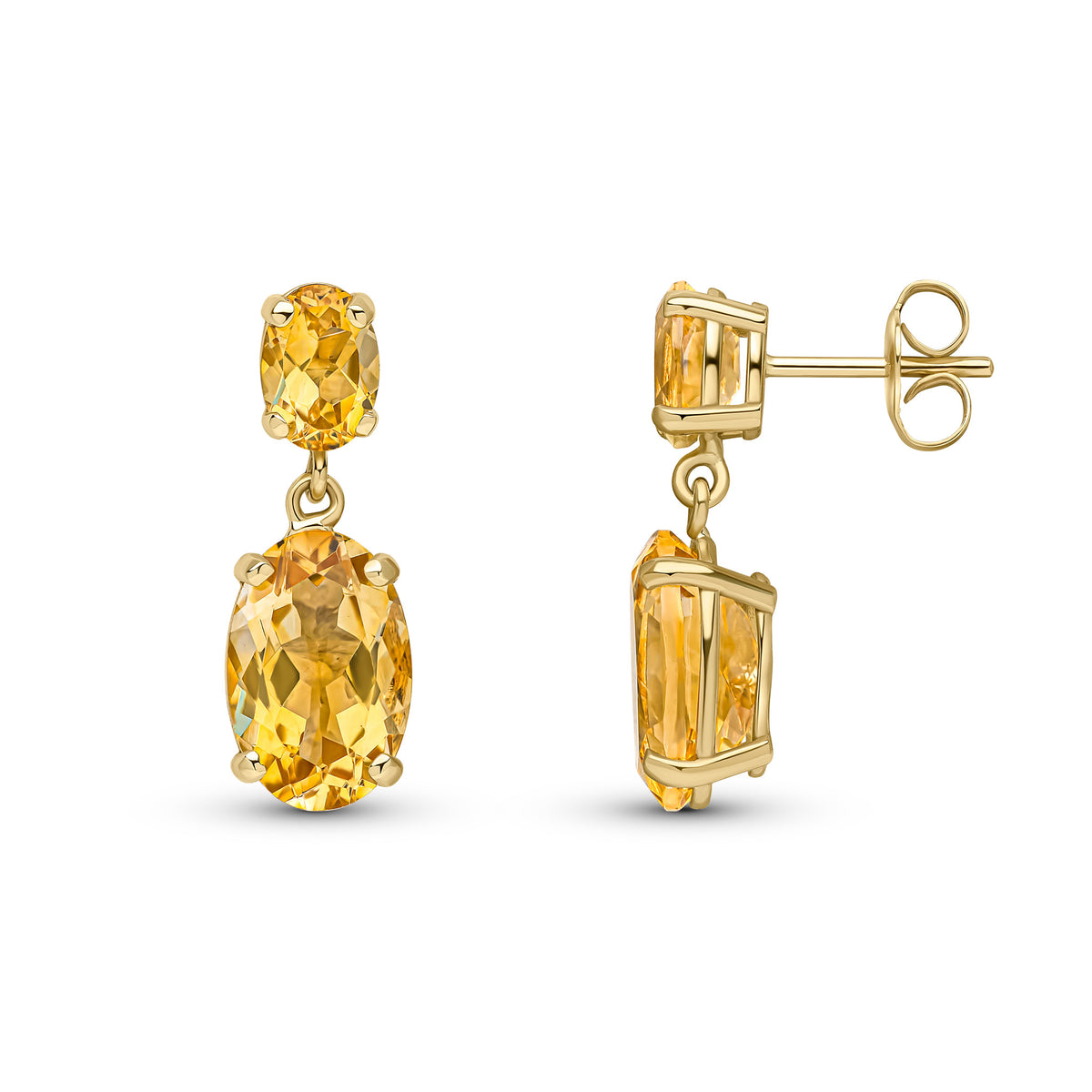 9CT YG OVAL CITRINE CLAW SET 2ST DROP EARRINGS