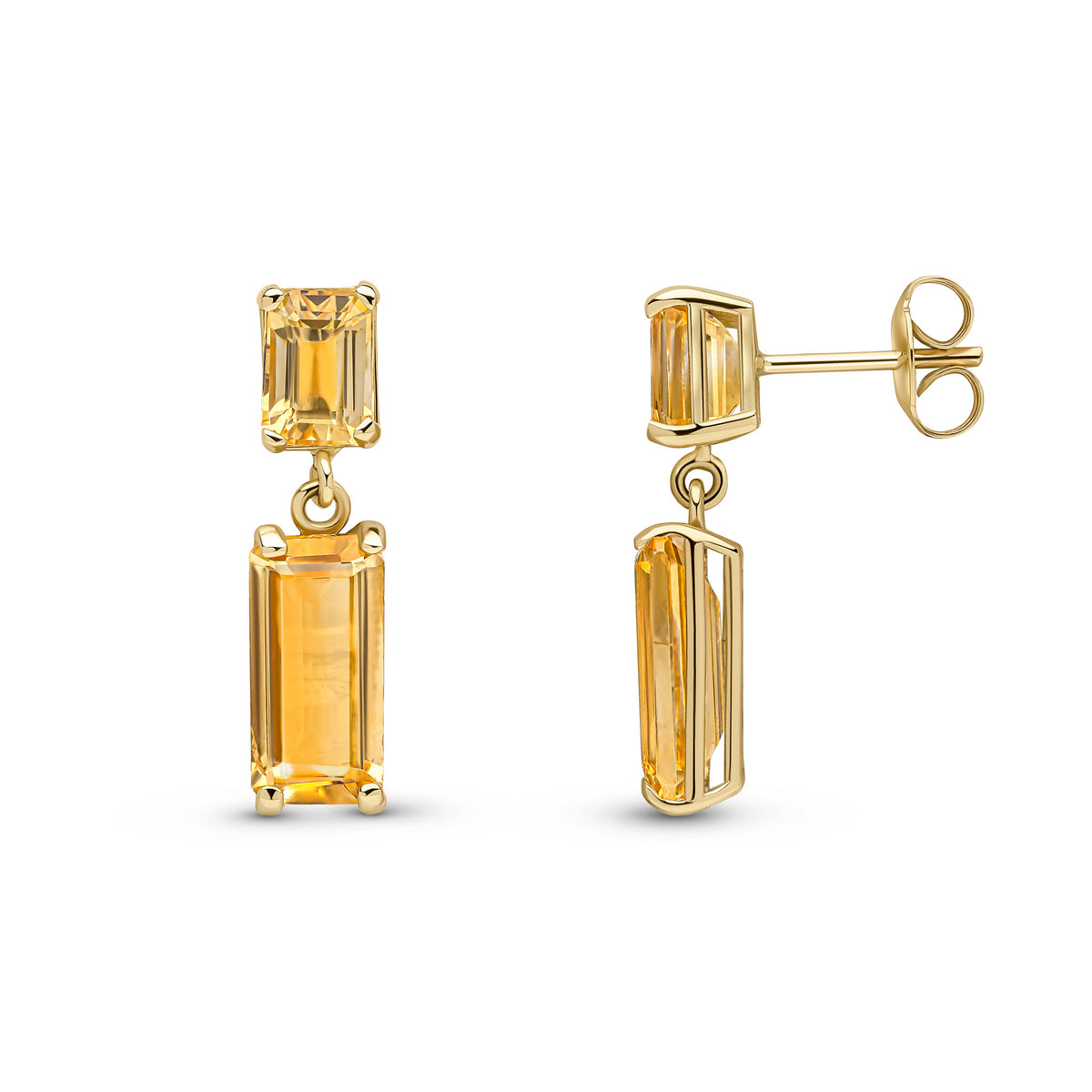 9CT YG OCTAGON CITRINE CLAW SET 2ST DROP EARRINGS