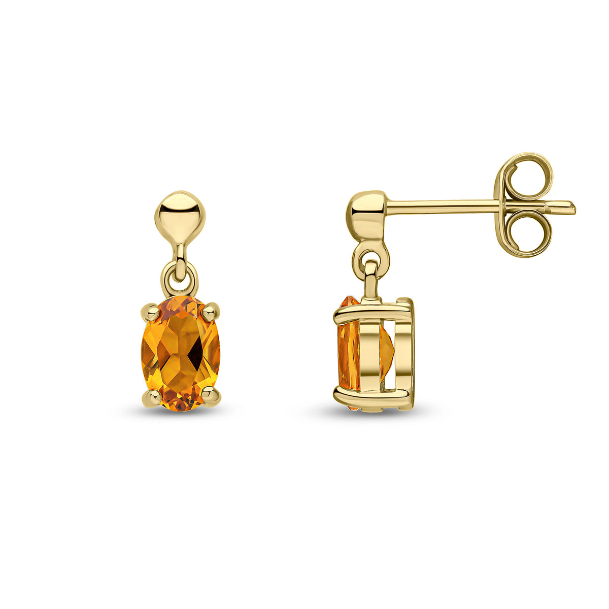 9CT YG 6X4 OVAL CITRINE CLAW SET DROP EARRINGS WITH BEAD TOP