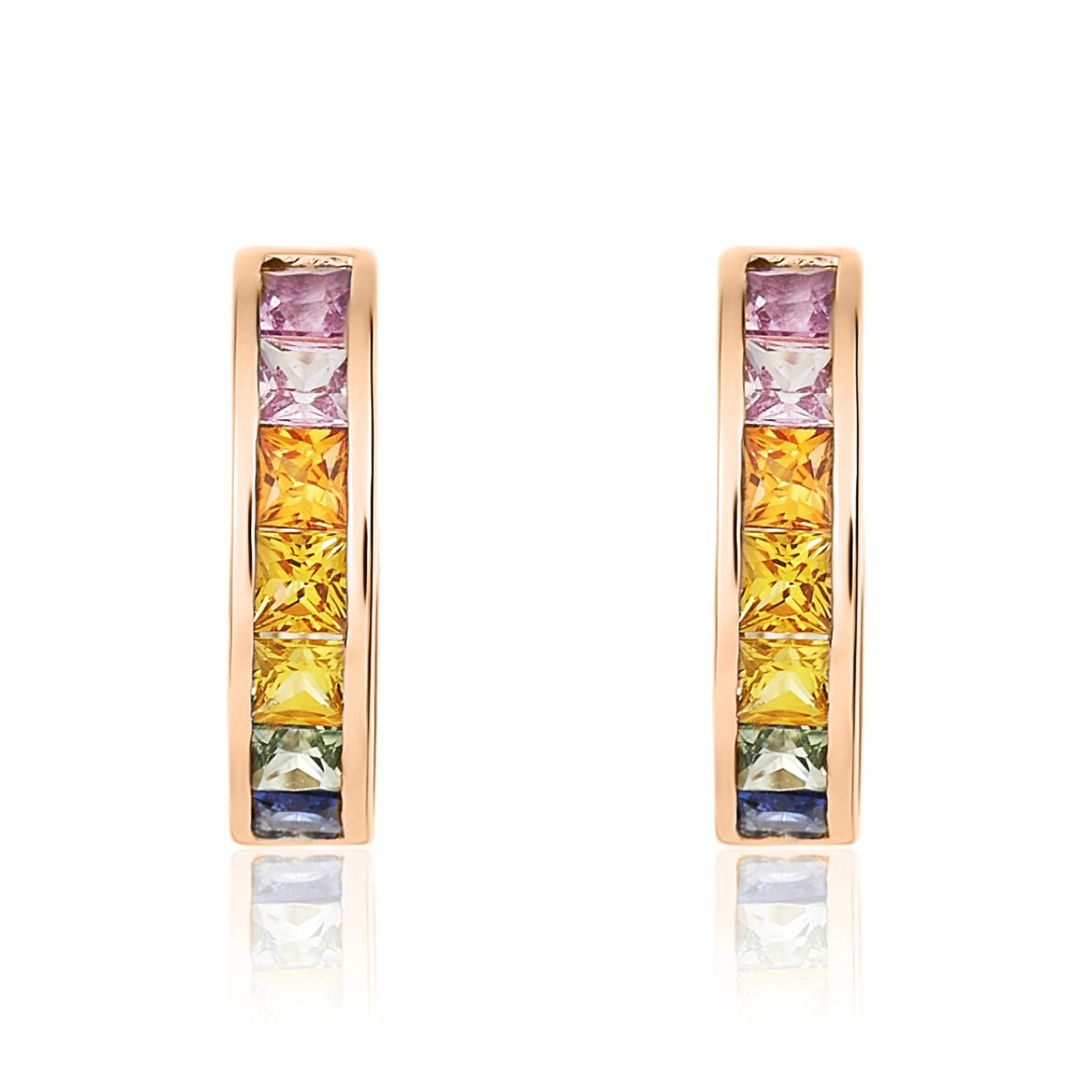 9CT ROSE GOLD SQUARE MULTI-SAPPHIRE CHANNEL SET HUGGY EARRINGS