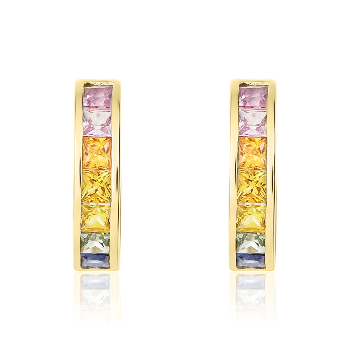 9CT YELLOW GOLD SQUARE MULTI-SAPPHIRE CHANNEL SET HUGGY EARRINGS