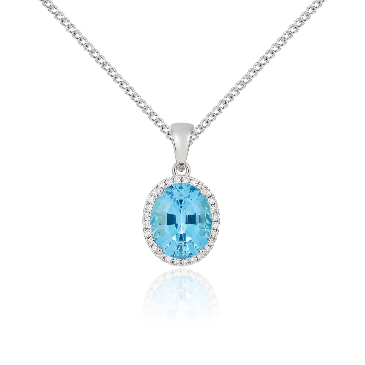 9CT WG 10X8 OVAL SWISS BLUE TOPAZ & DIAMOND CLAW SET CLUSTER PENDANT