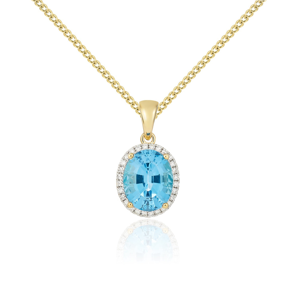 9CT YG 10X8 OVAL SWISS BLUE TOPAZ & DIAMOND CLAW SET CLUSTER PENDANT. RHODIUM TO DIAMONDS