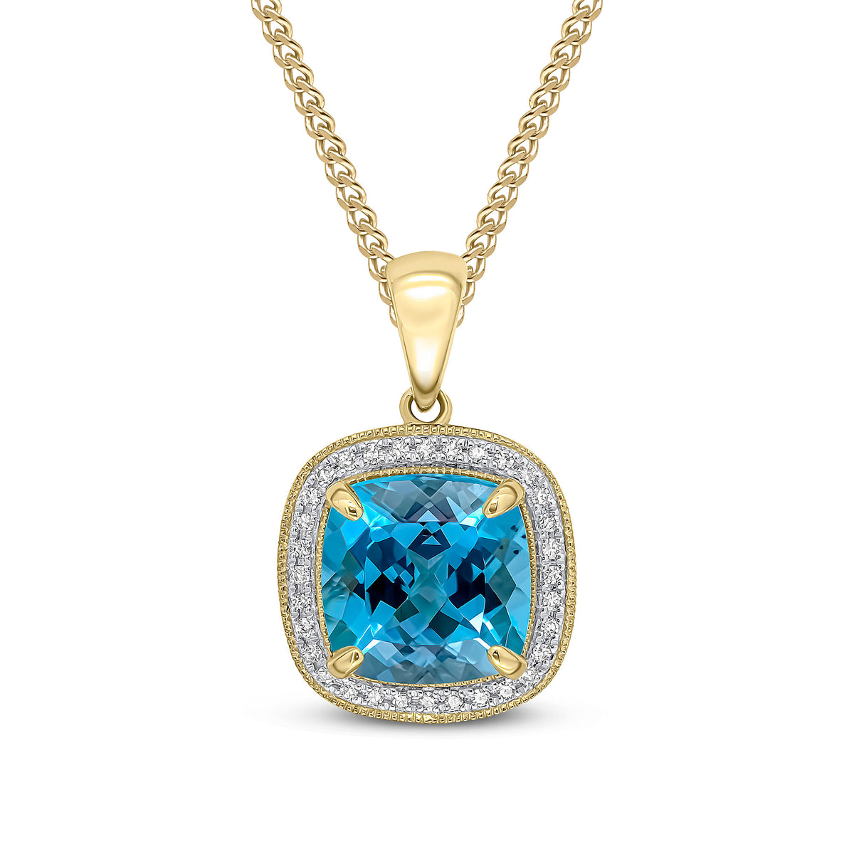 9CT YG 9MM CUSHION SWISS BLUE TOPAZ & DIAMOND CLUSTER PENDANT. MILLEGRAIN EDGE