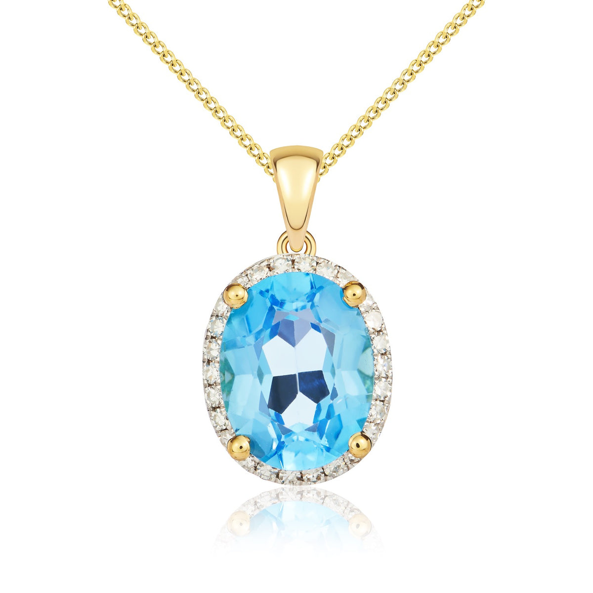 9CT YG 9X7 SWISS BLUE TOPAZ & DIAMOND CLAW SET CLUSTER PENDANT.RHODIUM TO DIAMONDS