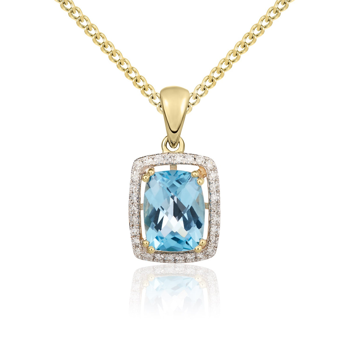 9CT YG 8X6 CHECKERBOARD CUSHION SWISS BLUE TOPAZ & DIAMOND CLUSTER PENDANT. RHODIUM TO DIAMONDS